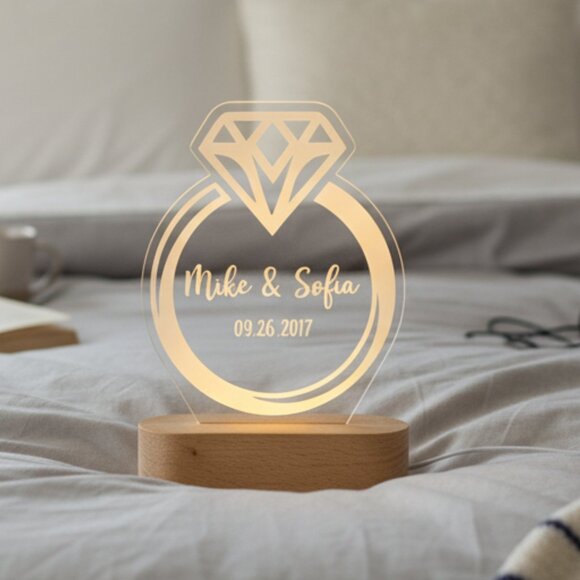 Couples Engagement Ring Night Light – Personalized LED Anniversary Lamp - Picture 8 of 8